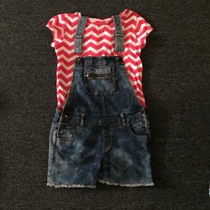 Overalls with pink and white shirt